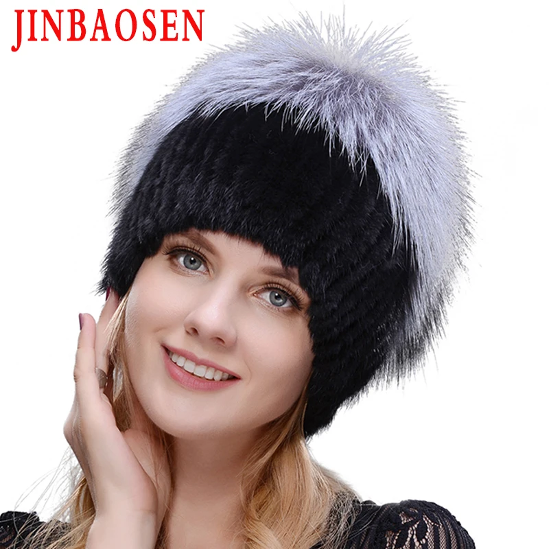 JINBAOSEN, женская зимняя шапка из меха норки, натуральный мех серебристой лисы, Теплая Лыжная шапка из натурального меха, вязаная меховая шапка, брендовая, модная, русский стиль
