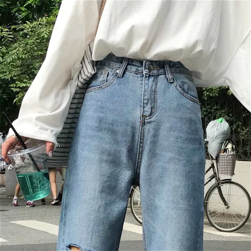 

Jeans Women Ankle-length Holes Ripped Side-slit Fur-line Straight Streetwear Womens Korean Style Students Chic Fashion New Retro