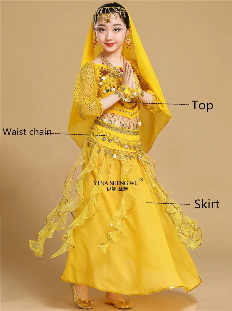 Yellow 3pcs Детские костюмы для танца живота, индийские Детские костюмы для танца живота, одежда для восточных танцев для девочек, индийский комплект для выступлений в Болливуде, танец живота - Цвет: Yellow 3pcs