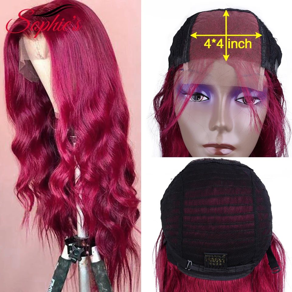 Sophie's 4*4 парики из натуральных волос, волнистые человеческие волосы, парики для женщин, кружевные накладные человеческие волосы бордового цвета, не Реми