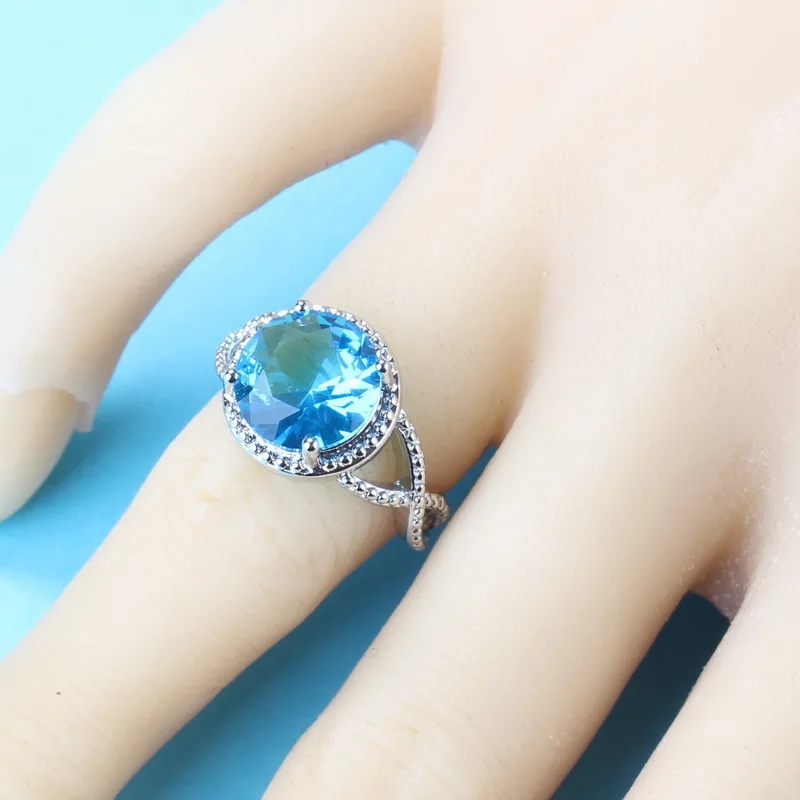 Bridal Jewelry Sets Silver 925 Round Sky Blue Cubic Zirconia Ring With Earrings Women Accessories 10-Colors Gift | Украшения и