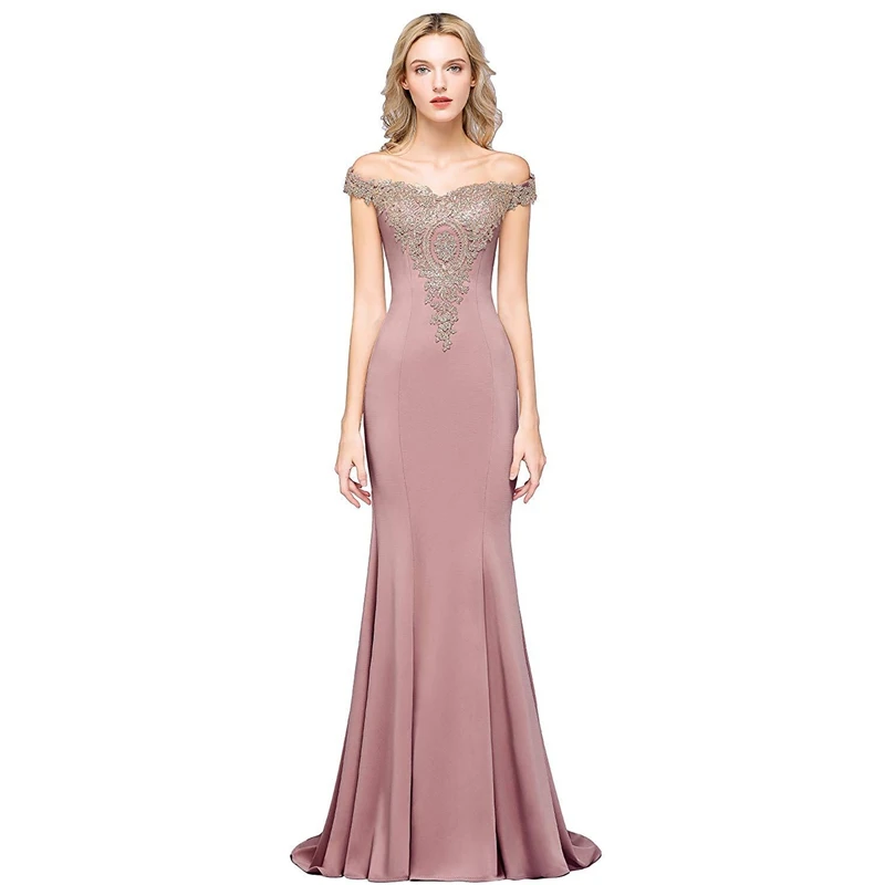 Off the Shoulder Satin Mermaid Evening Dresses Lace Appliques Robe De Soiree with Sweep Train