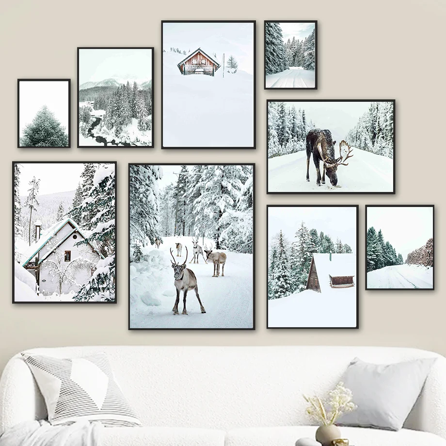 

Snow Mountain Deer Forest Road House Sky Wall Art Canvas Painting Nordic Poster And Prints Wall Pictures For Living Room Decor