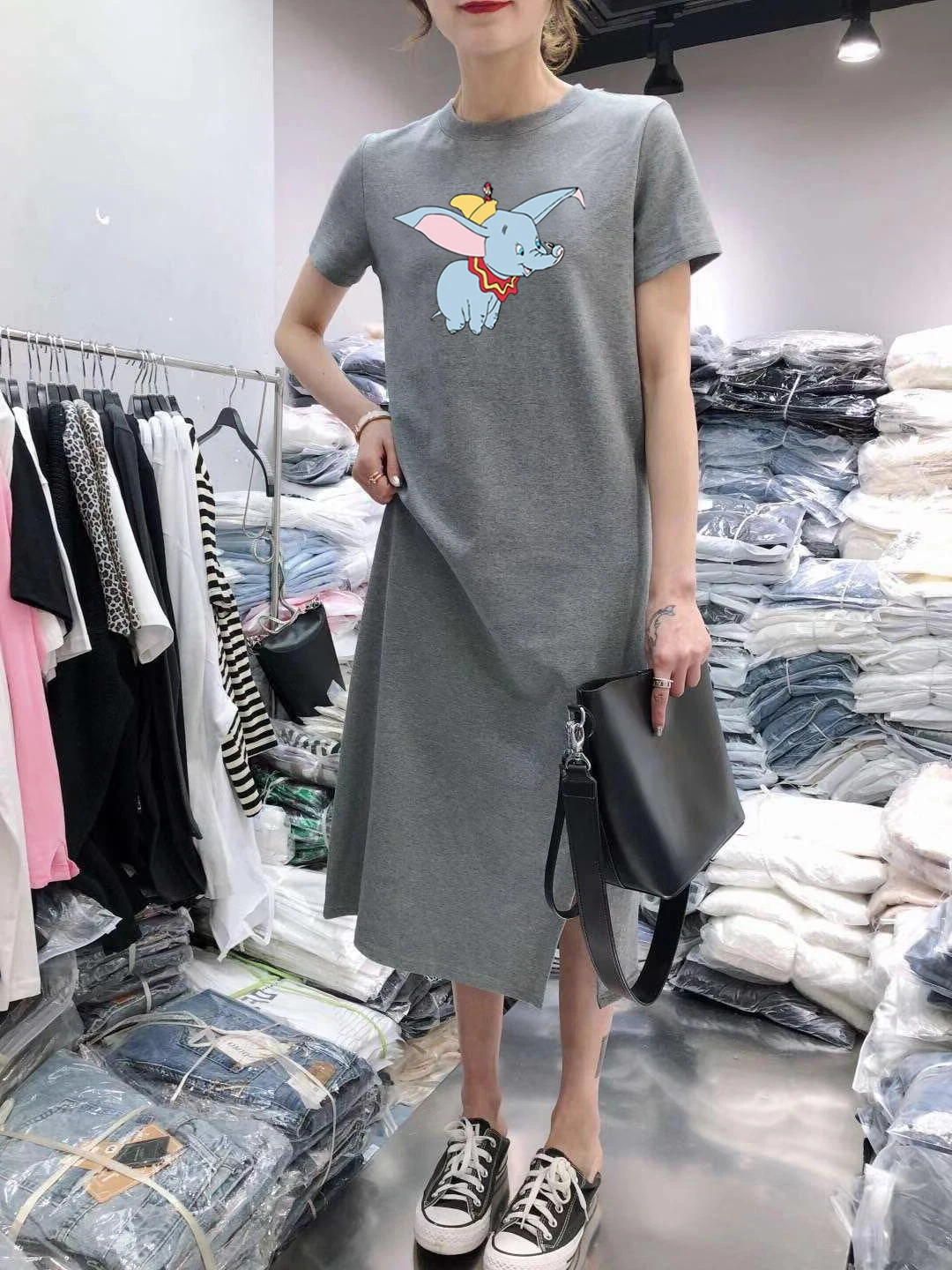Gray B Летнее мультяшное женское платье с коротким рукавом и круглым вырезом средней длины черного размера плюс женская повседневная одежда vestidos - Color: Gray B