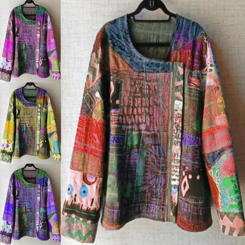 

UK Women Ethnic Style Tops Shirts Ladies Long Sleeve U Neck Casual Plus Size