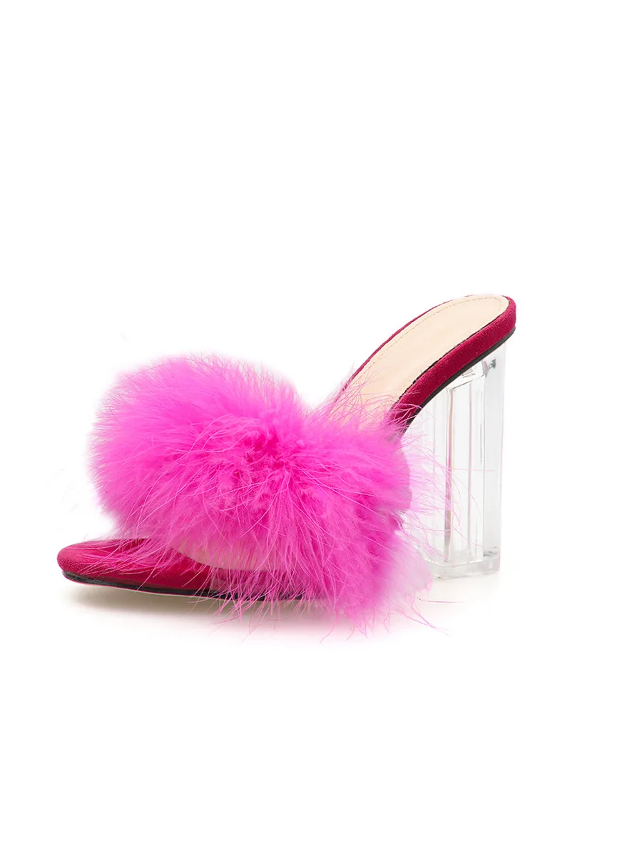 

Female Shoes Glitter Slides Ladies' Slippers Fashion Shallow Peep Toe Fur Flip Flops Transparent Heel 2021 Jelly Luxury Plush