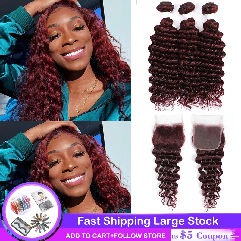 

99J/Burgundy Deep Wave 3 Bundles With Closure 4X4 Brazilian Brown Red Human Hair Weave Bundles With Closure Remy KEMY HAIR