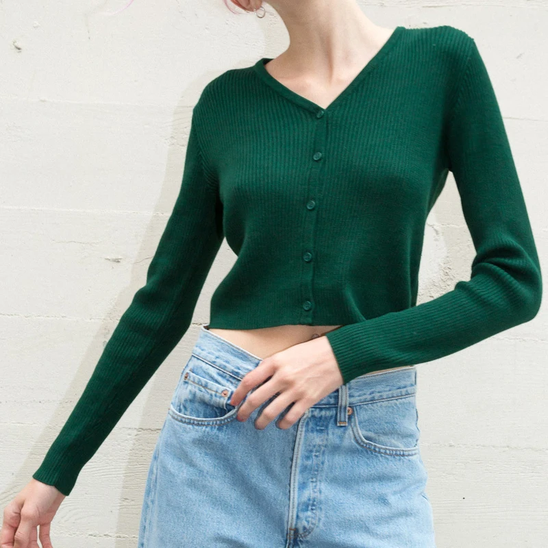 Женский Укороченный кардиган в рубчик с v-образным вырезом вязаный укороченный