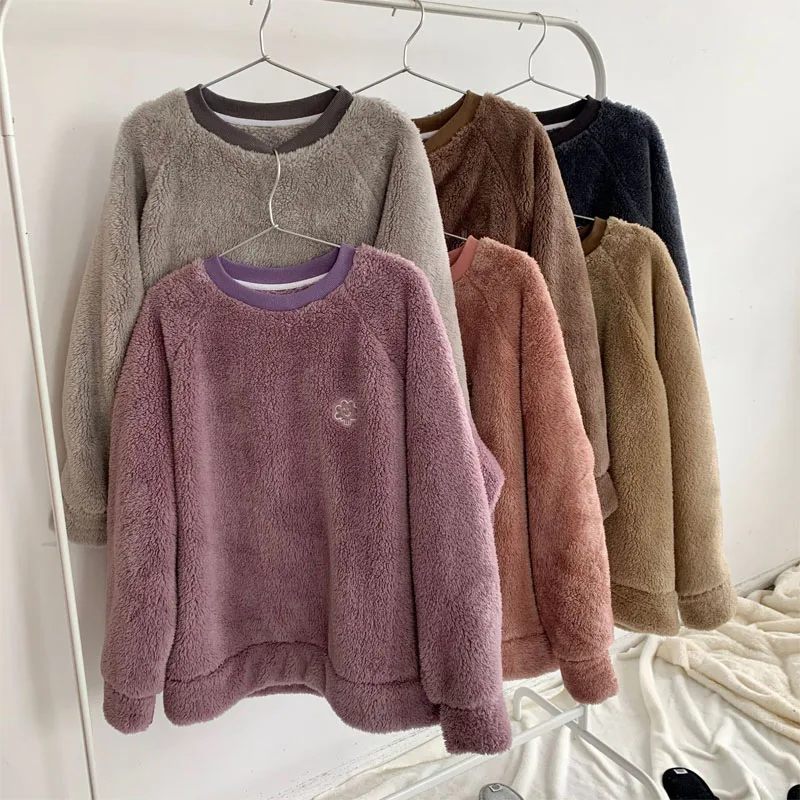 

Embroidered Furry Sweater Women's Pullover Plus Velvet Thick Autumn And Winter Loose Korean Students Round Neck Warm Top