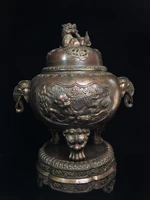 20chinese temple collection old bronze cinnabar lacquer lion statue trunk binaural three legged incense burner ornaments