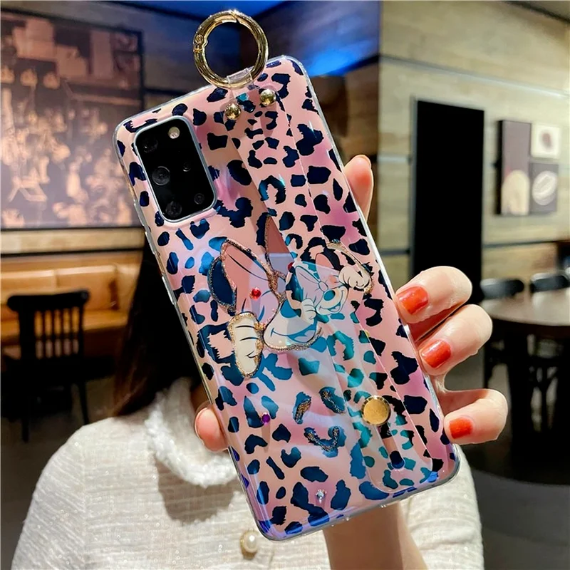 leopard mickey minnie mobile phone case for samsung s21fe for iphone wristband bracket flash diamond protective shell free global shipping