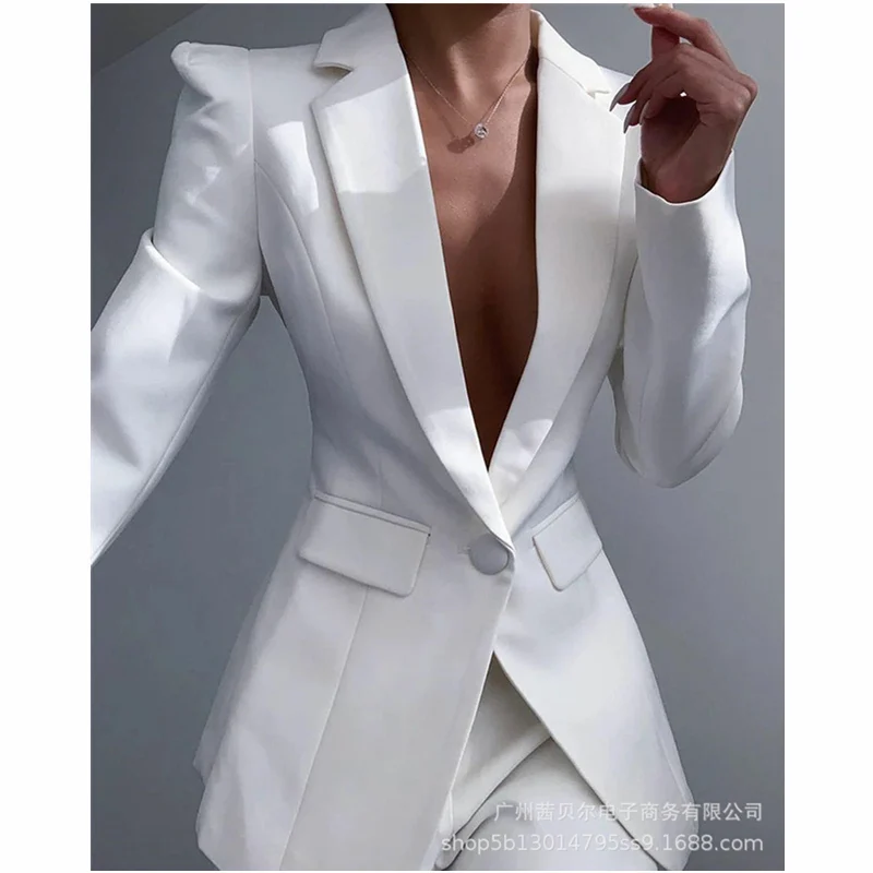 

WEPBEL Women Slim Blazer Coat Casual Jackets Long Puff Sleeve V-Neck Black White One Button Suit OL Outerwear