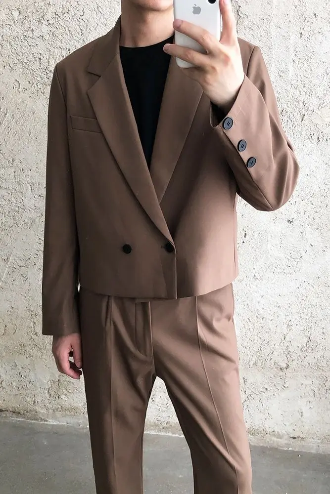 

2020 Autumn And Winter New Youth Popular Men's Korean Loose Solid Color Double-breasted Suit + Straight Trousers Suit