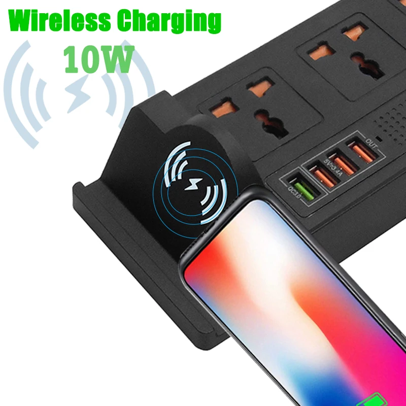 Умный удлинитель с беспроводным зарядным устройством 2USB + быстрая зарядка QC 3
