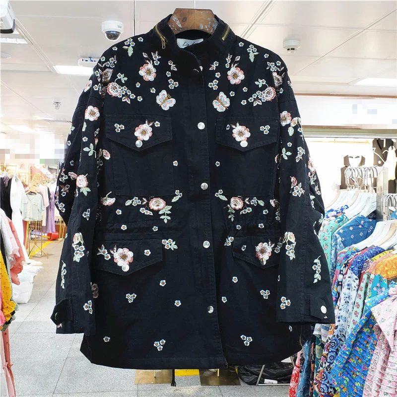 Модное бейсбольное пальто с вышивкой цветов и бисером женское черное армейское