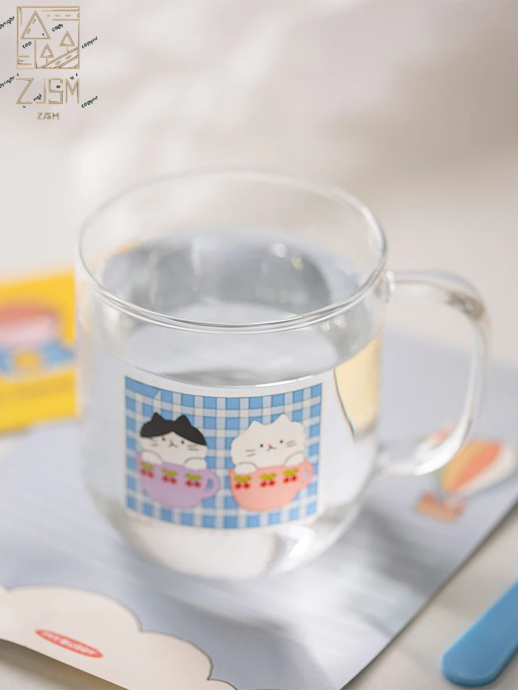 

Korean Water Cup Glass Version Glass Cute Cat And Cherry Heat Resistant Milk Breakfast Girl Can Be Microwaved