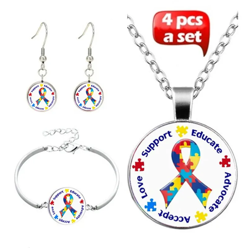 

4 Pieces/set of Autism Awareness Photo Cabochon Glass Jewelry Fashion Necklace Bracelet Earrings Jewelry Set Ladies Gifts