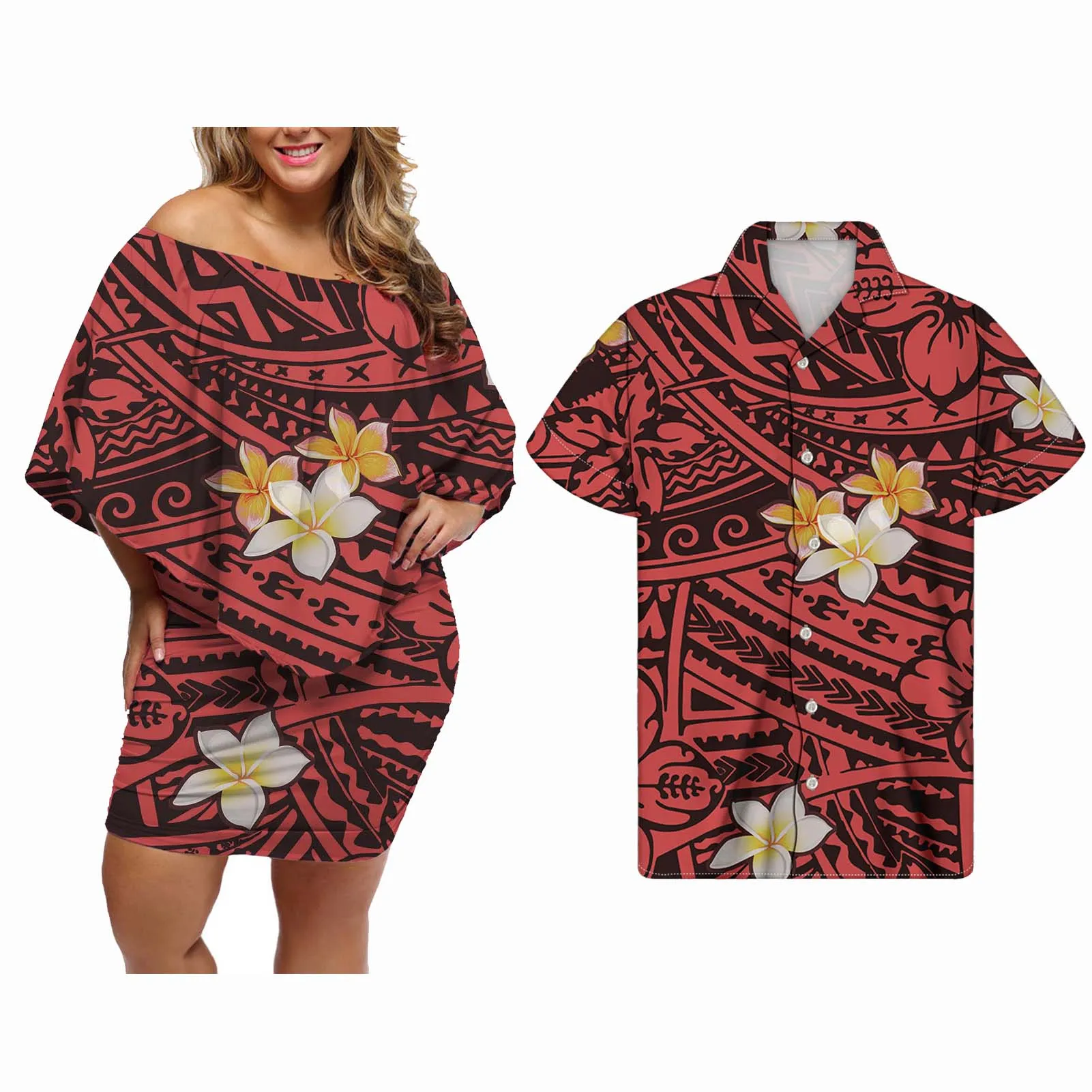 

Hycool женская дизайнерская полинезийская одежда, Самоанская полосатая облегающая красная рубашка с открытыми плечами, подходит к мужской ру...