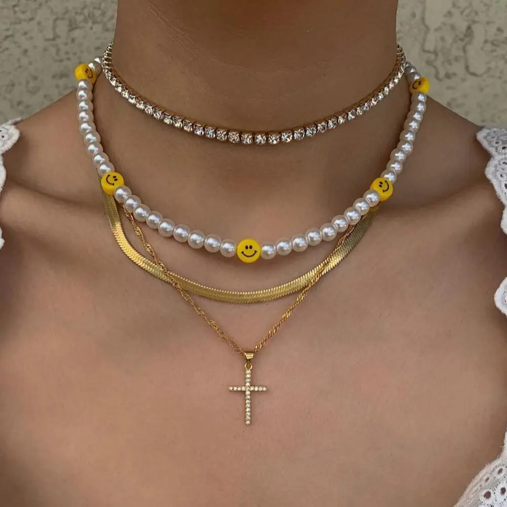 

Trendy Smiley Baroque Pearls Beaded Necklace For Women Handmade Bead Imitation Pearl Choker Cross Necklaces Multilayer Jewelry