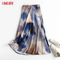 tangada 2021 new women tie dyed satin midi skirt vintage side zipper ladies chic mid calf skirts 4c174
