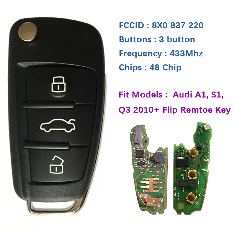 

CN008073 Aftermarket 3 Button A-udi Flip Key For A1 S1 Q3 2010+ With 48 Chip HU66 MEGAMOS-TP25 434MHz 8X0 837 220 Keyless GO