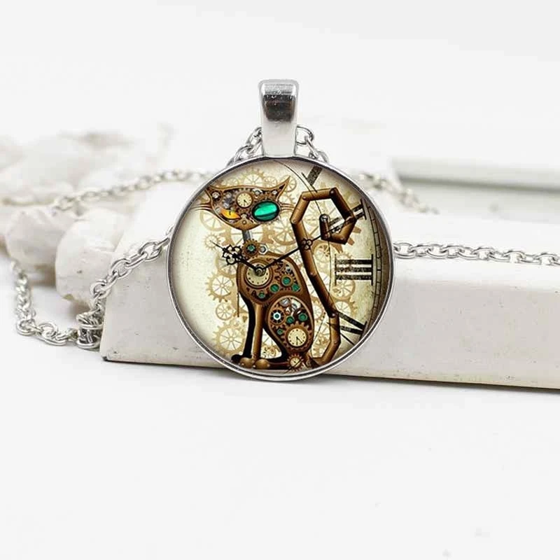 Новая мода стимпанк кошка кулон часы Подвеска Ожерелье из стекла ювелирные