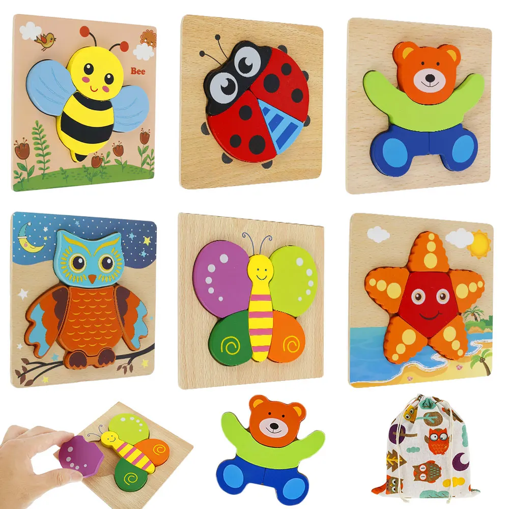 

6CS Kid Wooden 3D Jigsaw Puzzle Cartoon Animal Wood Jigsaw Toddler Baby Montessori Early Educational Learning Toy Christmas Gift