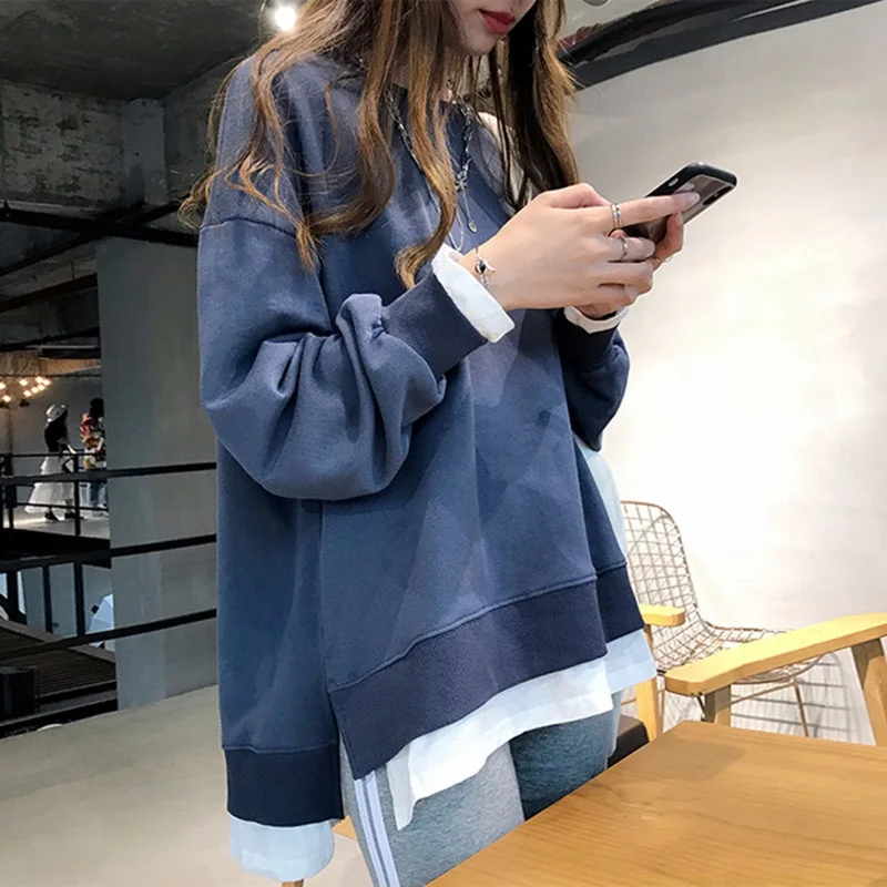 

spring autumn harajuku splicing oversize Pullover fashion Korean thin cotton women Sweatshirt Navy yellow Fake two Pieces Hoodie