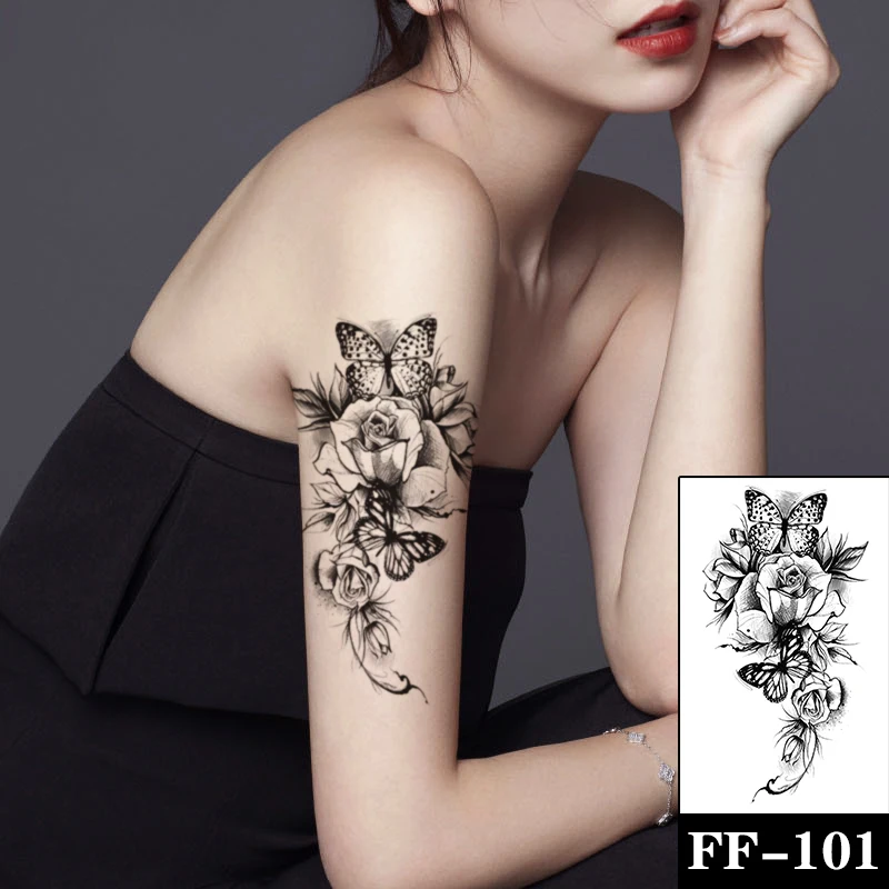 

Waterproof Temporary Tattoo Sticker Black Butterfly Flash Tattoos Rose Peony Flower Body Art Arm Water Transfer Fake Tatoo Women