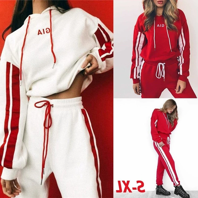 

Tracksuit For Women 2 Piece Set Casual Sportswear Hooded Sweatshirt Tops And Pants Striped Outfits 2020 Matching Sets Clothing