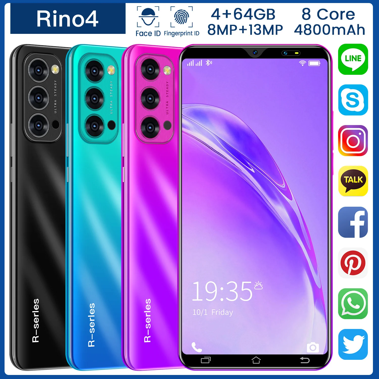 

Rino4 5.0 inch Full Screen SmartPhone 4+64GB Android 10 4800mAH Octa Core Mobile Phone HD+ Media13MP Camera Face ID Unlock Phone