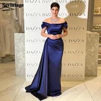 sevintage exclusive mermaid satin evening dresses with train off the shoulder draped fomal women outfits new long prom dress