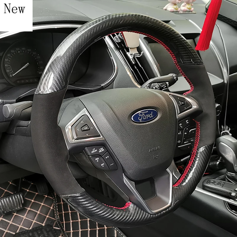 

for Ford New Mondeo Edge Kuga Everest Raptor DIY Customized Hand-stitched Leather Suede Carbon Fibre Car Steering Wheel Cover