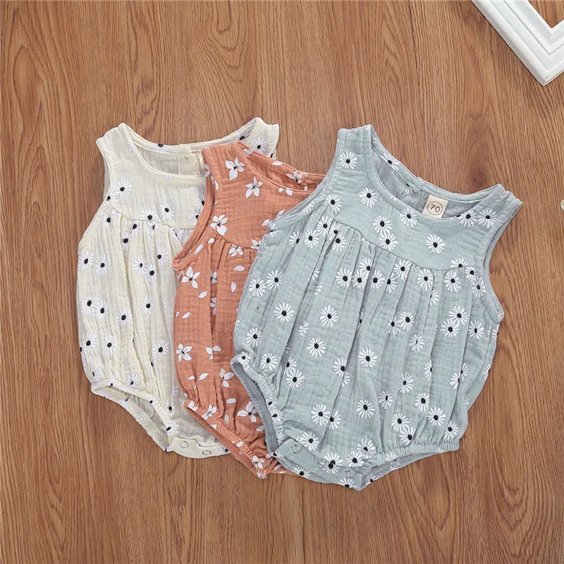 

Newborn Baby Girl Boys Bodysuit Infant Newborn Cotton & Linen Jumpsuit One-Pieces Infant Floral Sleeveless Full Print Outfits