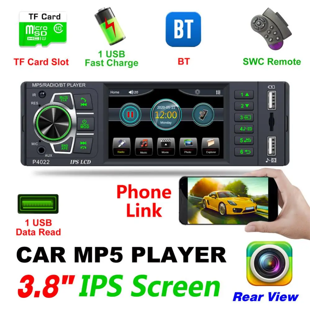 

Bluetooth-совместимый 3,8 дюймовый IPS емкостный HD 1080P стерео MP3 / MP4 Радио FM MP5 видеоплеер с поддержкой входа AUX/телефонной связи