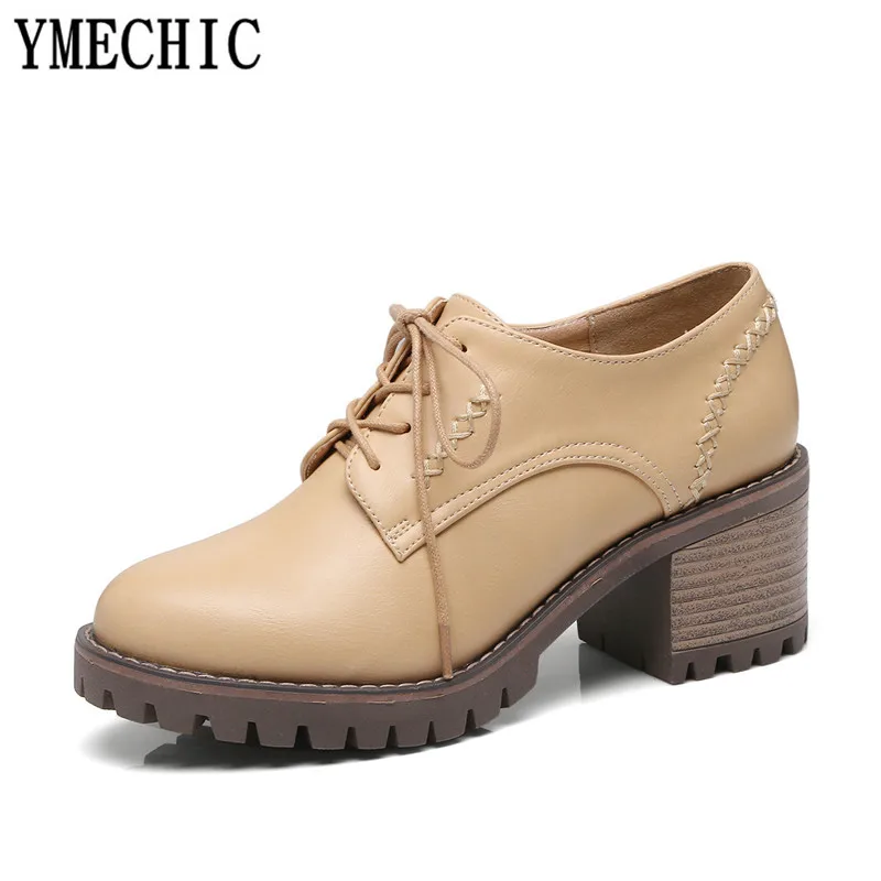 

YMECHIC Lady's Punk Black Apricot Lace Up Block Chunky High Heels Gladiator Pumps Casual Womens Brogue Oxford Shoes Autumn 2018