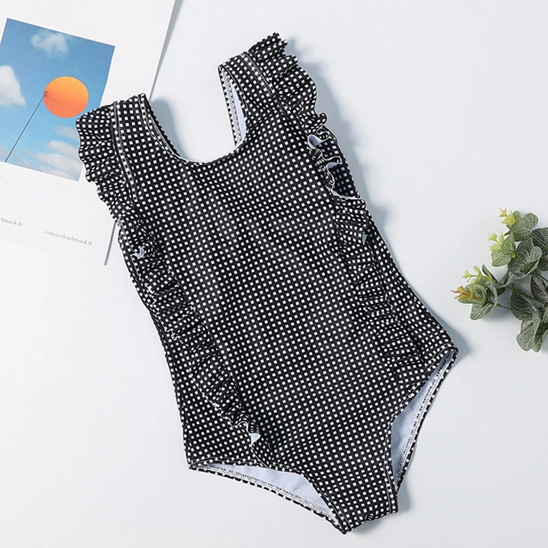 Новинка 2020 милые купальники для девочек цельный комплект черная клетчатая