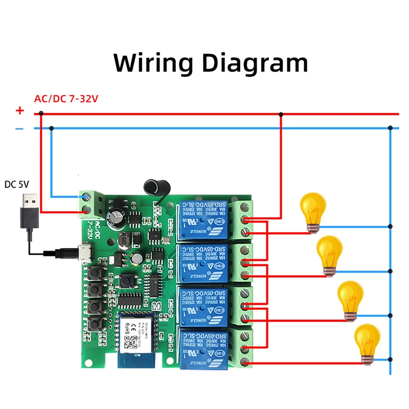 Tuya Smart Life Wifi Light Switch Module 4CH DC 5/12/32V Inching RF433 Receive 10A Relays Work With Alexa Google Home | Электроника