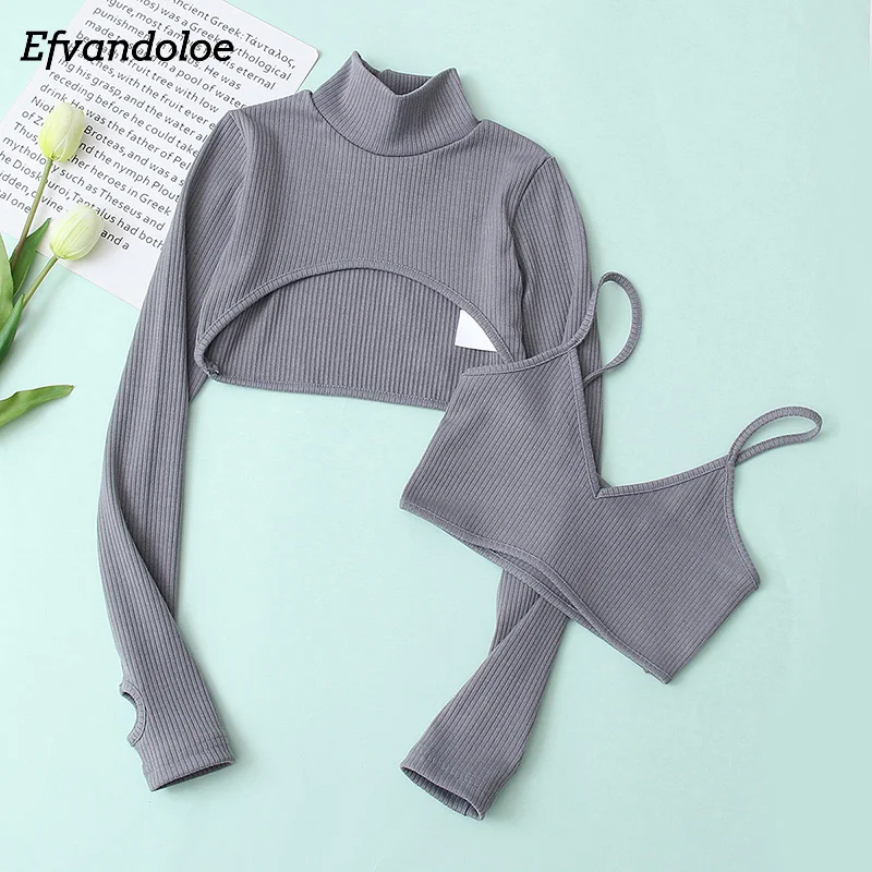 

Женская трикотажная блузка с длинным рукавом, Сексуальные облегающие костюмы из двух предметов, Короткие топы, пуловер, одежда