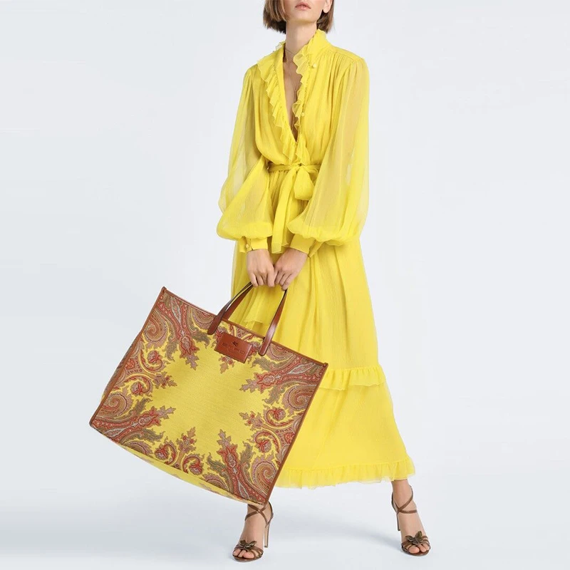 

Autumn Yelllow Vintage V-neck Long Lantern Sleeve Ruffles Chiffon Dresses For Women Runway Elegant Pleated Maxi Dress Female
