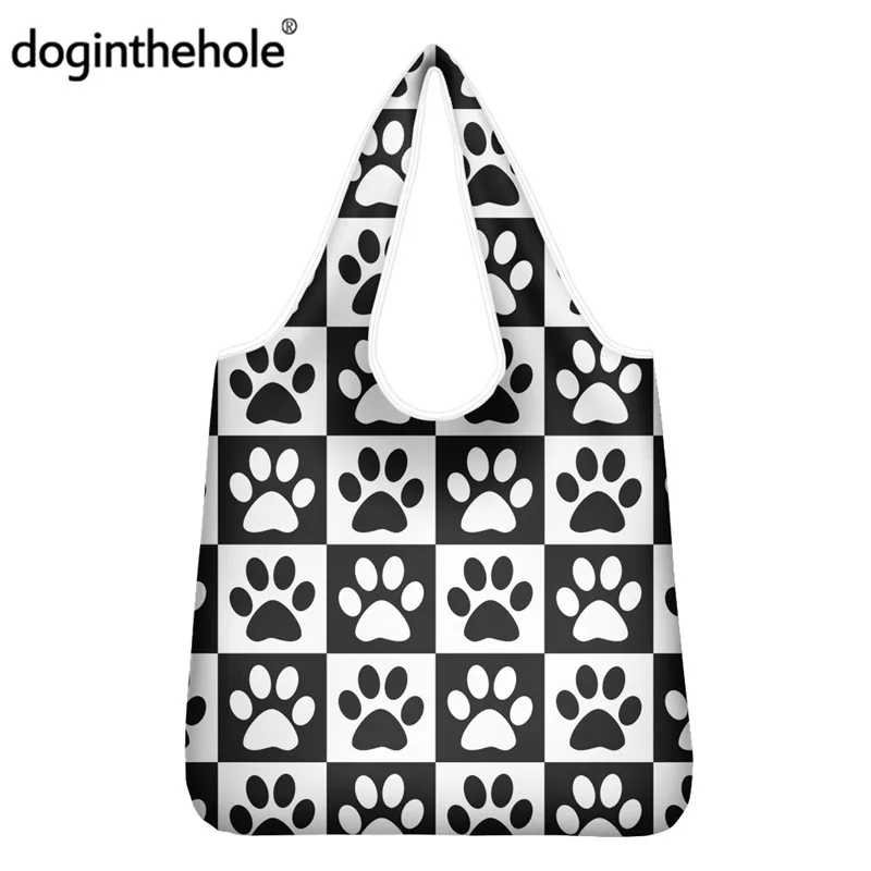 

Doginthehole, черно-белые эко-сумки для покупок в виде лап животных, ежедневное освещение для супермаркета, пикника, большая женская сумка