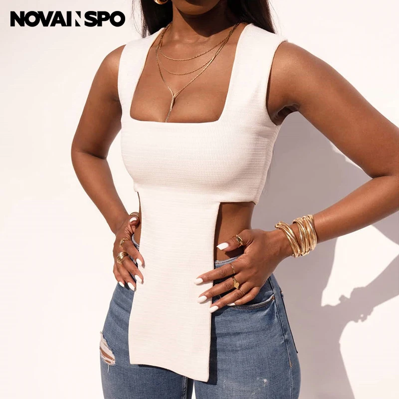 

NOVAINSPO White Black Solid Sleeveless Strap Irregular Tank Top For Women 2021 Summer Fashion Casual Streetwear One Piece Ladies