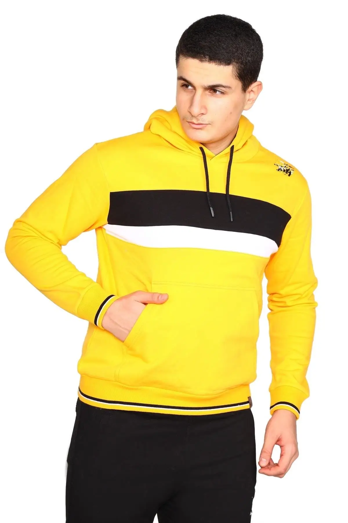 Желтый с капюшоном и карманом кенгуру 100% хлопок | Мужская одежда
