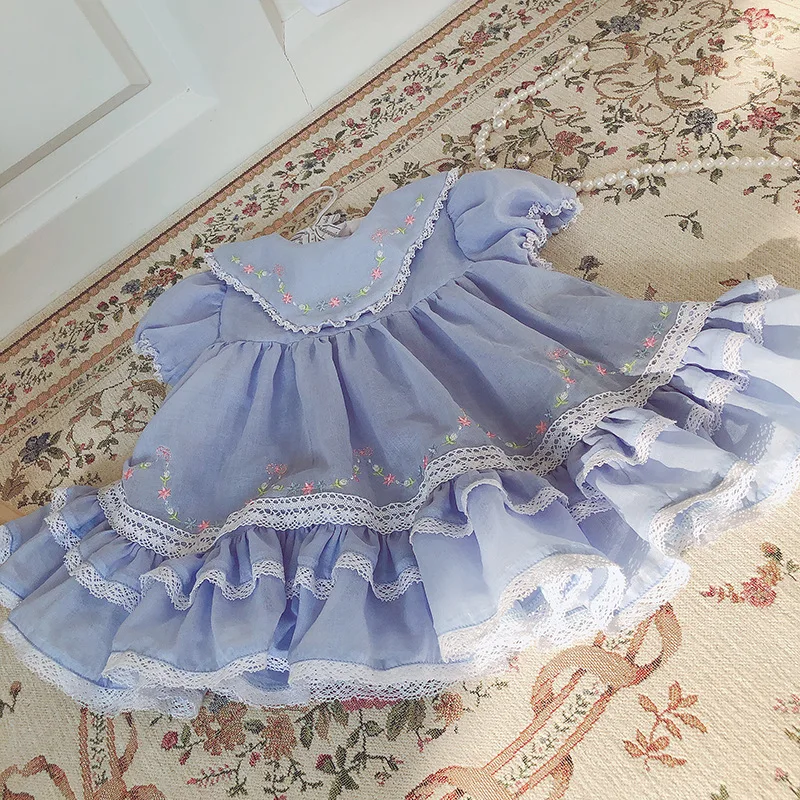 2020 elegant princess dresses for girls vintage lace blue embroidered flower dress girl floral short sleeve summer | Детская одежда и