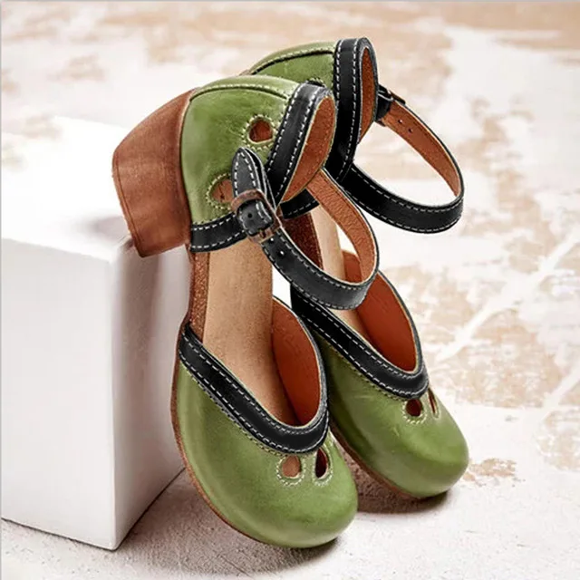 Сандалии женские в ретро-стиле повседневные босоножки на среднем каблуке с
