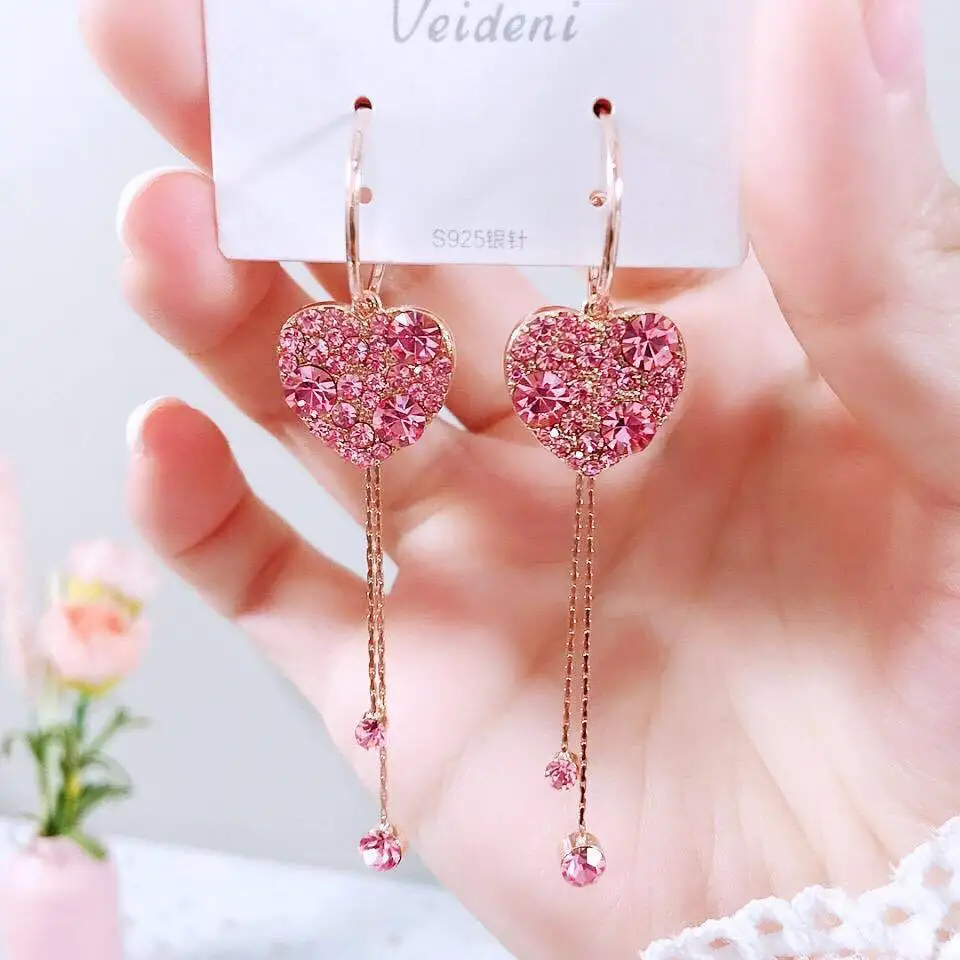 

New Style Fashion Heart CZ Crystal Tassels Drop Earring Women Rose Gold Plated Rhinestone Earring Korean Women Cocktail Jewelry