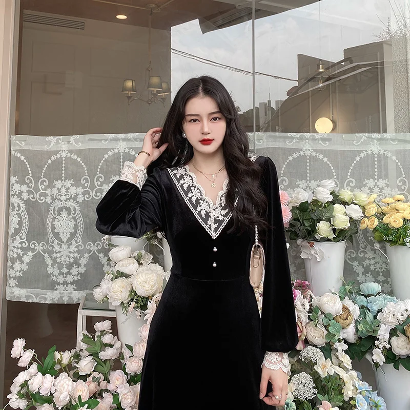 

Large Size Dress for Girls Spring Skirt Velvet Waist-Controlled Lace Trim Retro Little Nuyoah