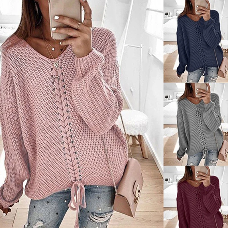 

Plus Size Women V-neck Lace Up Pink Sweater Solid Color Long Sleeved Knitted Pullovers Sweaters Fall Winter Soft Warm Jumpers