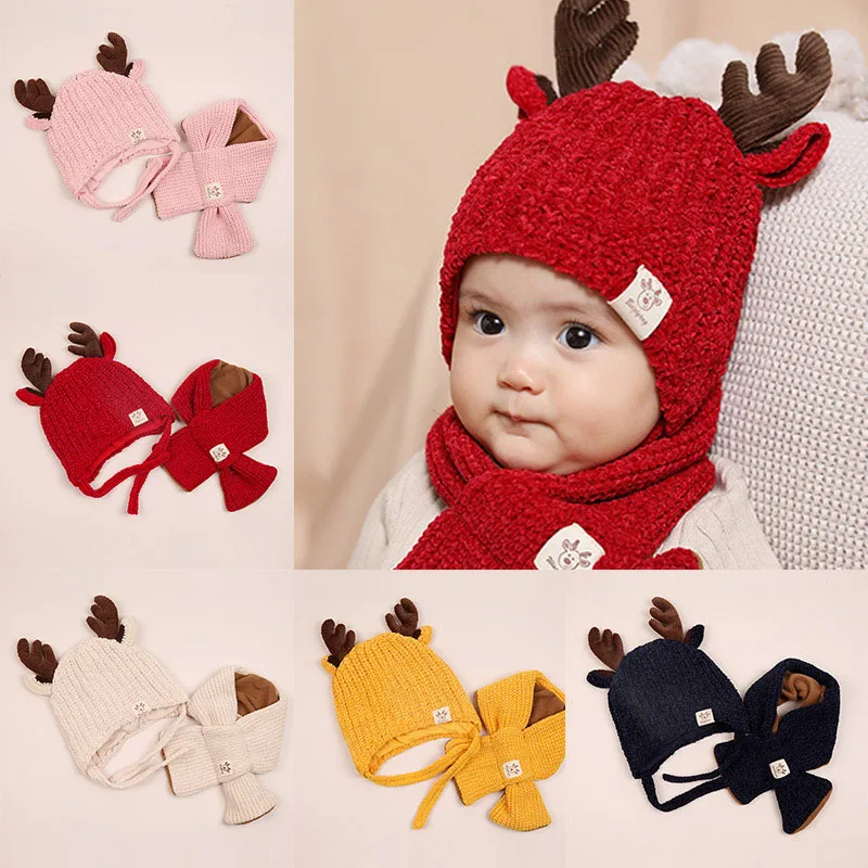 

0-36M Girls Boys Hat Scarf Set Toddler Baby Winter Warm Knitted Deer Horn Hats+Warm Scarves Kids Knitted Beanie Set 2pcs