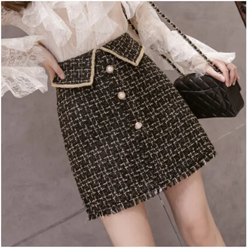 Photo Color SMTHMA Winter tweed tassel skirts women high waist plaid black women's skirt korean chic mini short skirt faldas mujer moda - Цвет: Photo Color